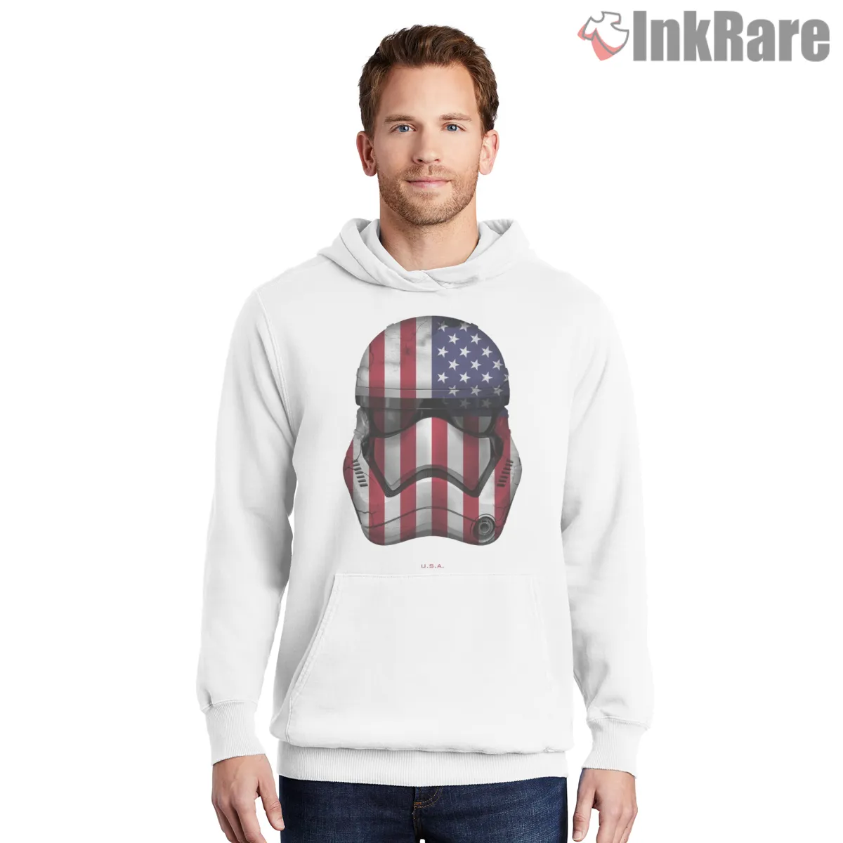 Stormtrooper Usa Flag Helmet Shirt on white hoodie for men graphic tee