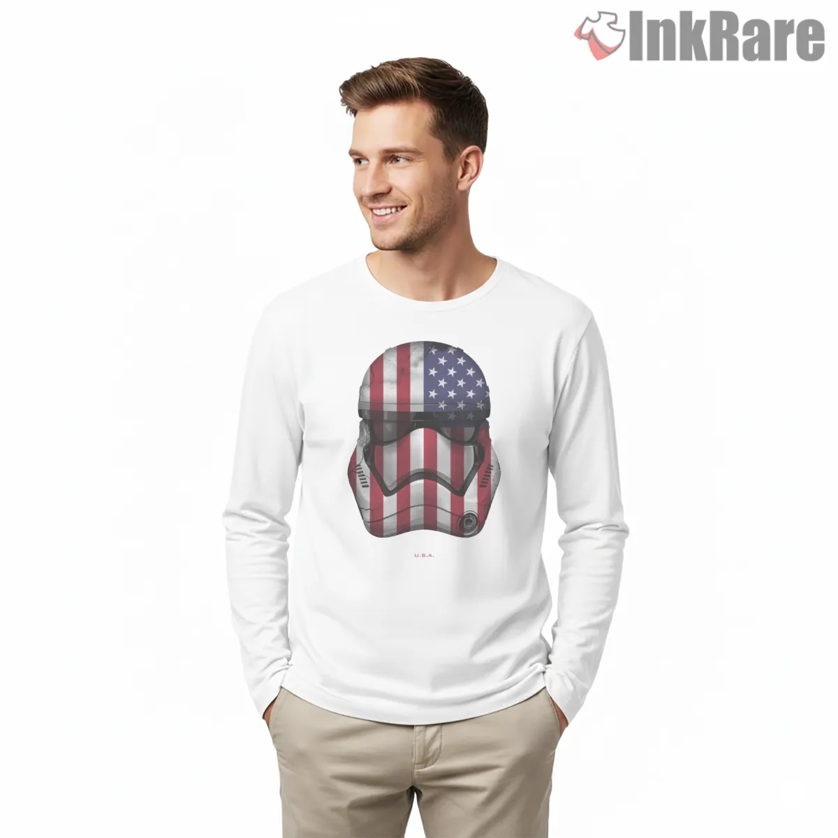 Stormtrooper Usa Flag Helmet Long Sleeve White Stormtrooper Usa Flag Helmet Shirt on white long sleeve shirt for men graphic tee