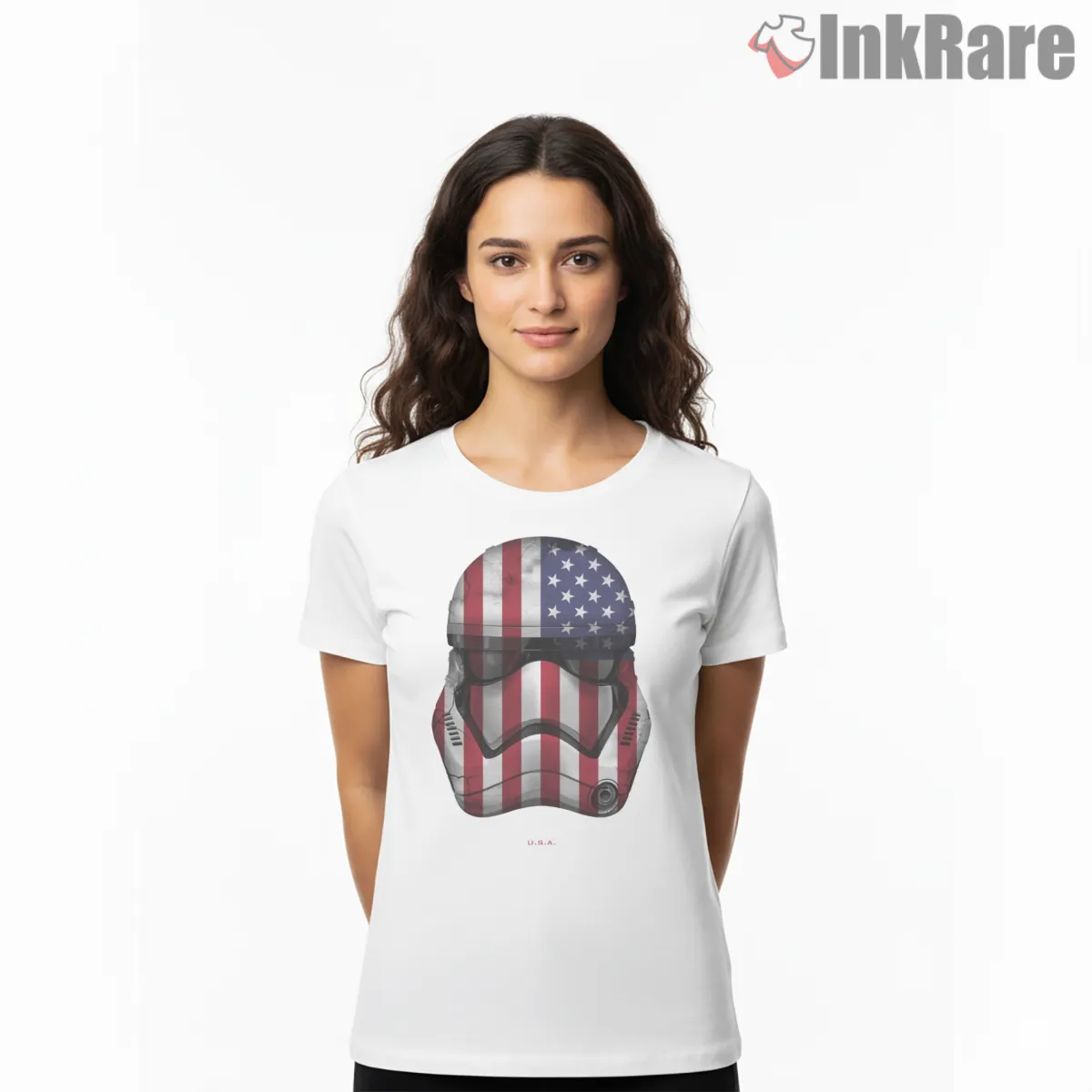 Stormtrooper Usa Flag Helmet Short Sleeve White Stormtrooper Usa Flag Helmet Shirt on white short sleeve shirt for women graphic tee
