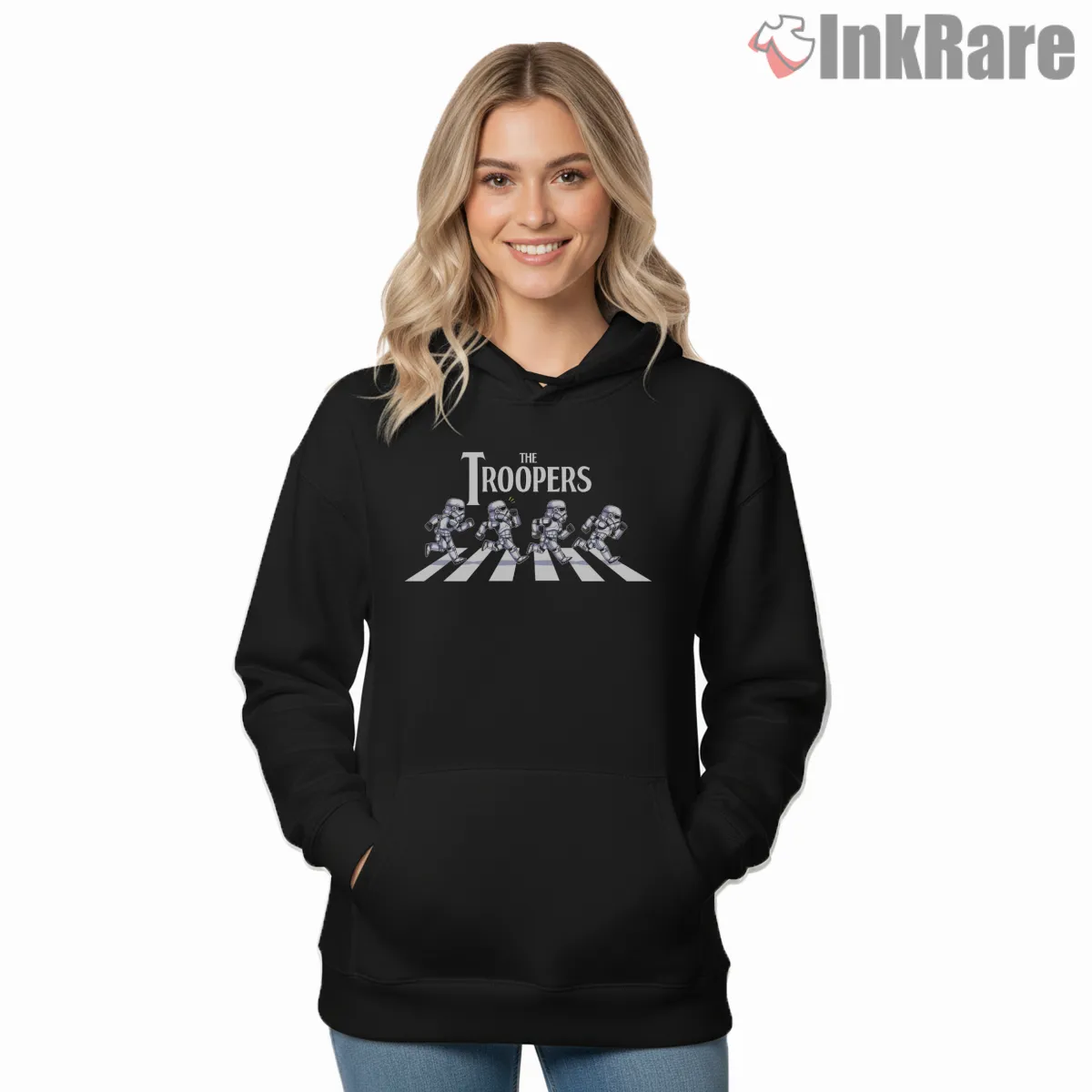 Stormtroopers Abbey Road Parody Shirt on black hoodie for women graphic tee