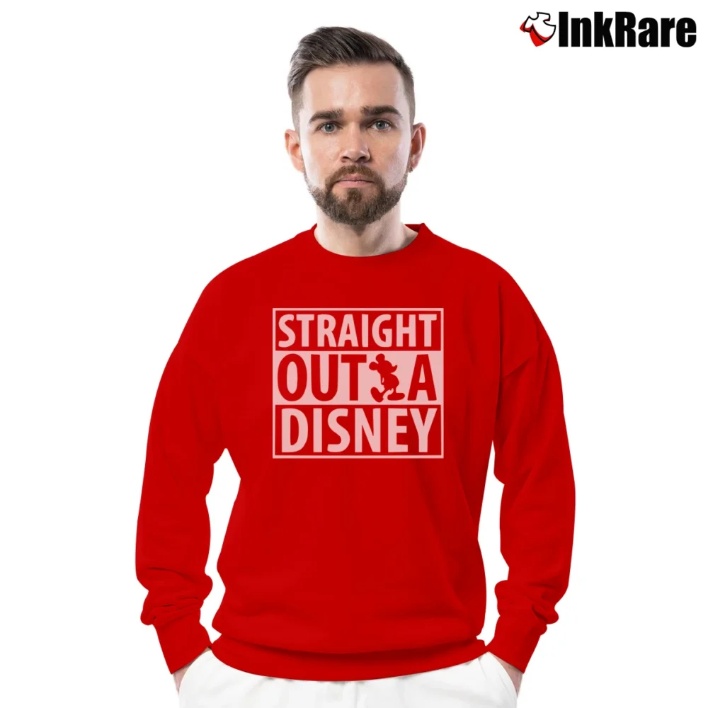 Men’s Straight Outta Disney Mickey Minnie Disneyworld Crewneck Sweatshirt in red | Cozy Fabric, Clean Style