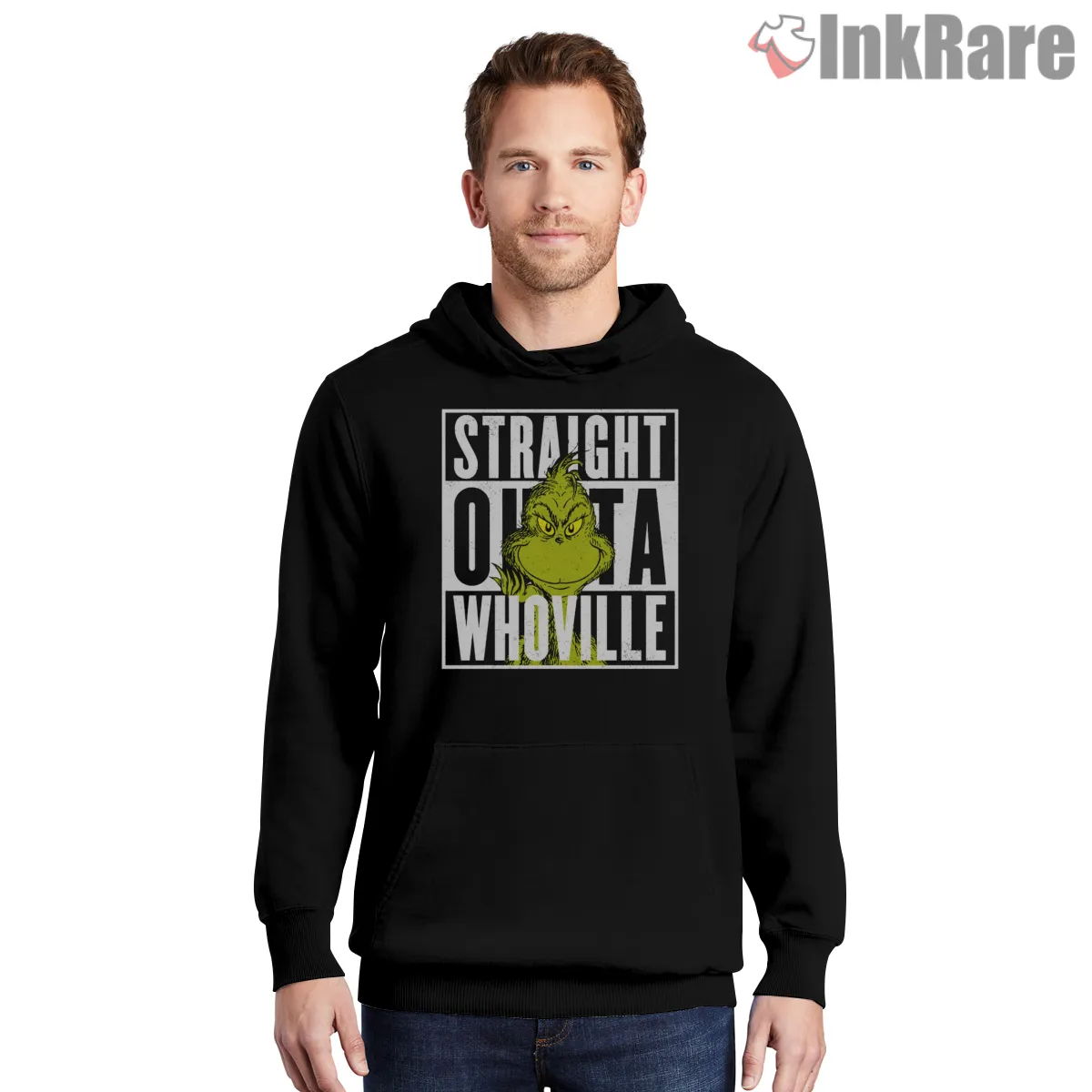 Straight Outta Whoville Grinch Movie Christmas Shirt on black hoodie for men graphic tee