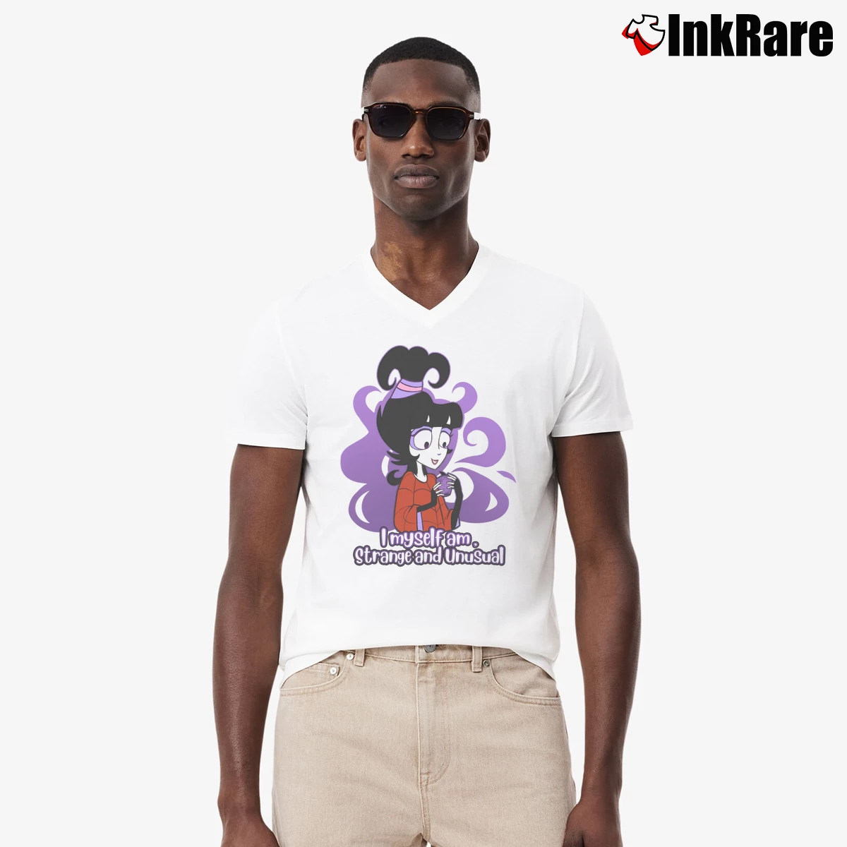 Strange And Unusual Beetlejuice Men’s V-Neck Tee in white – Modern Essential Men’s Strange And Unusual Beetlejuice V-Neck Tee in white | Sharp, Breathable, Everyday Staple