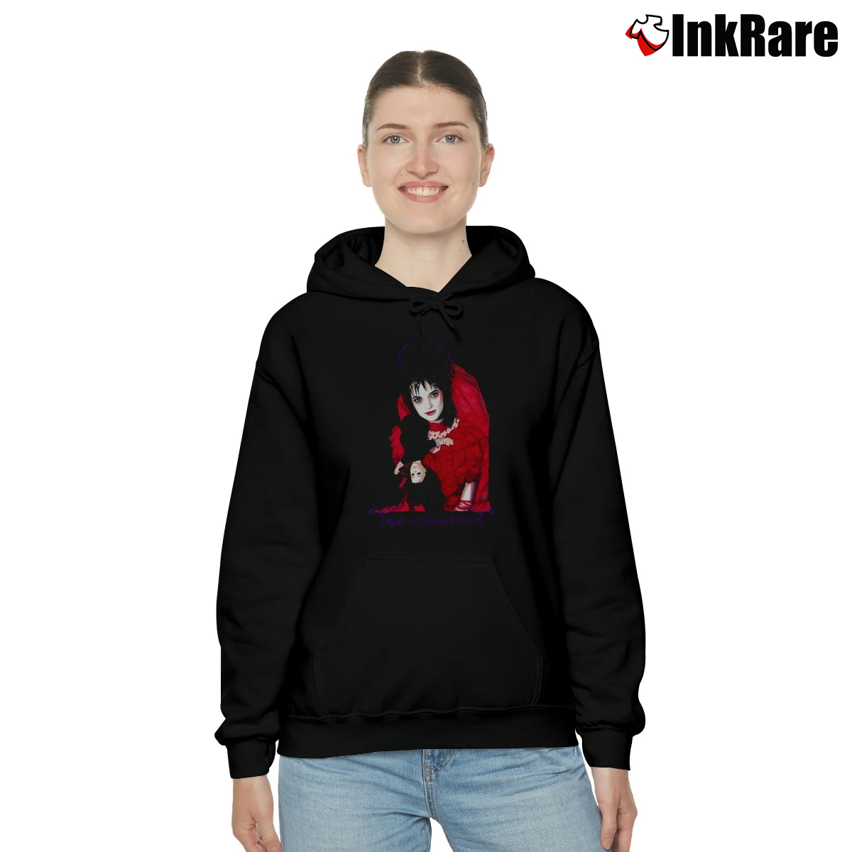 Strange And Unusual Beetlejuice Winona Ryder Women’s Cozy Hoodie in black – Urban Chic Women’s Strange And Unusual Beetlejuice Winona Ryder Cozy Hoodie in black | Warm, Structured, Stylish
