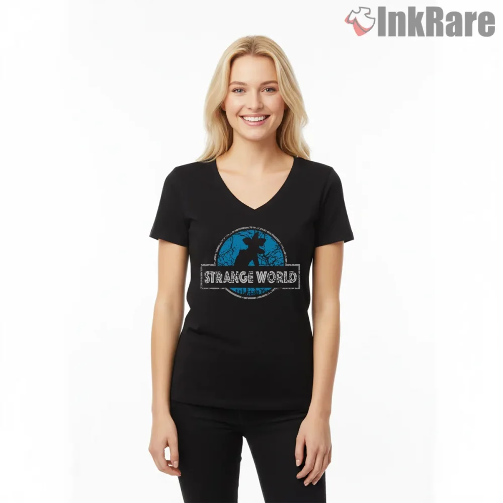 Strange World Hawkins Jurassic Style Adventure Shirt on black v-neck shirt for women graphic tee