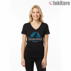 Strange World Hawkins Jurassic Style Adventure Shirt on black v-neck shirt for women graphic tee