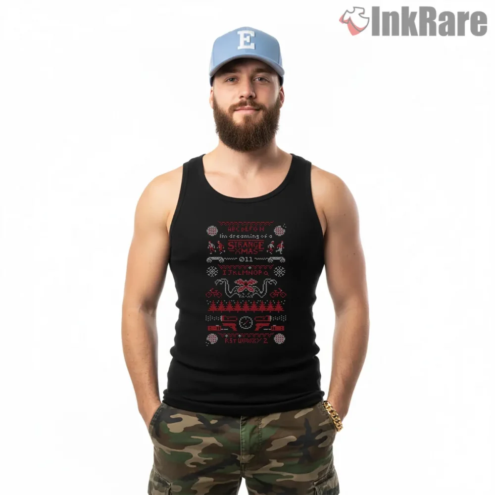 Strange Xmas Hawkins Holiday Sweater Shirt on black tank top for men graphic tee