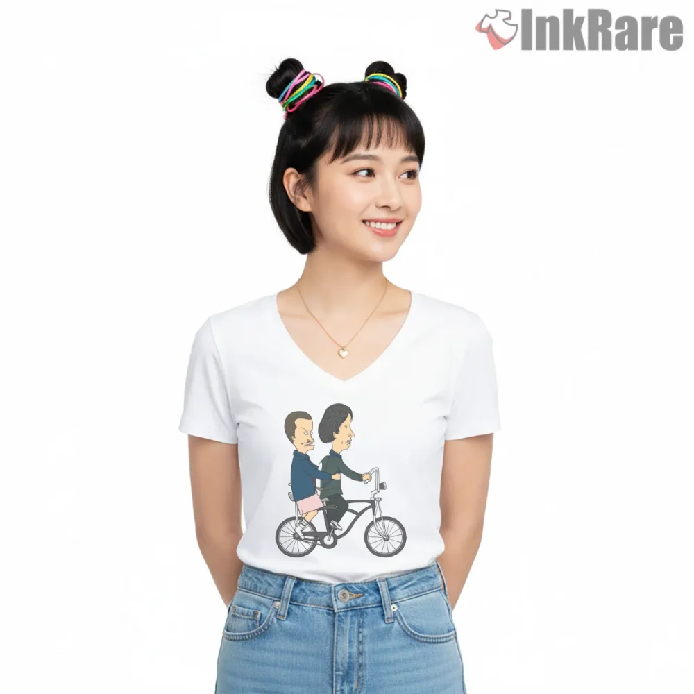 Strangely Stupid Hawkins Bike Ride Cartoon Shirt on white v-neck shirt for women graphic tee