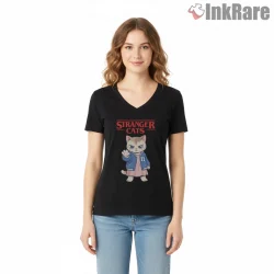 Stranger Cats Eleven Cartoon Parody Shirt on black v-neck shirt for women graphic tee