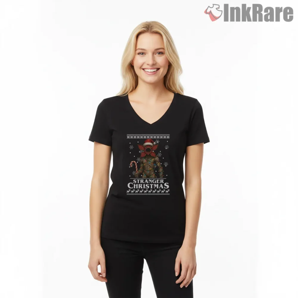 Stranger Christmas Demogorgon Santa Holiday Shirt on black v-neck shirt for women graphic tee
