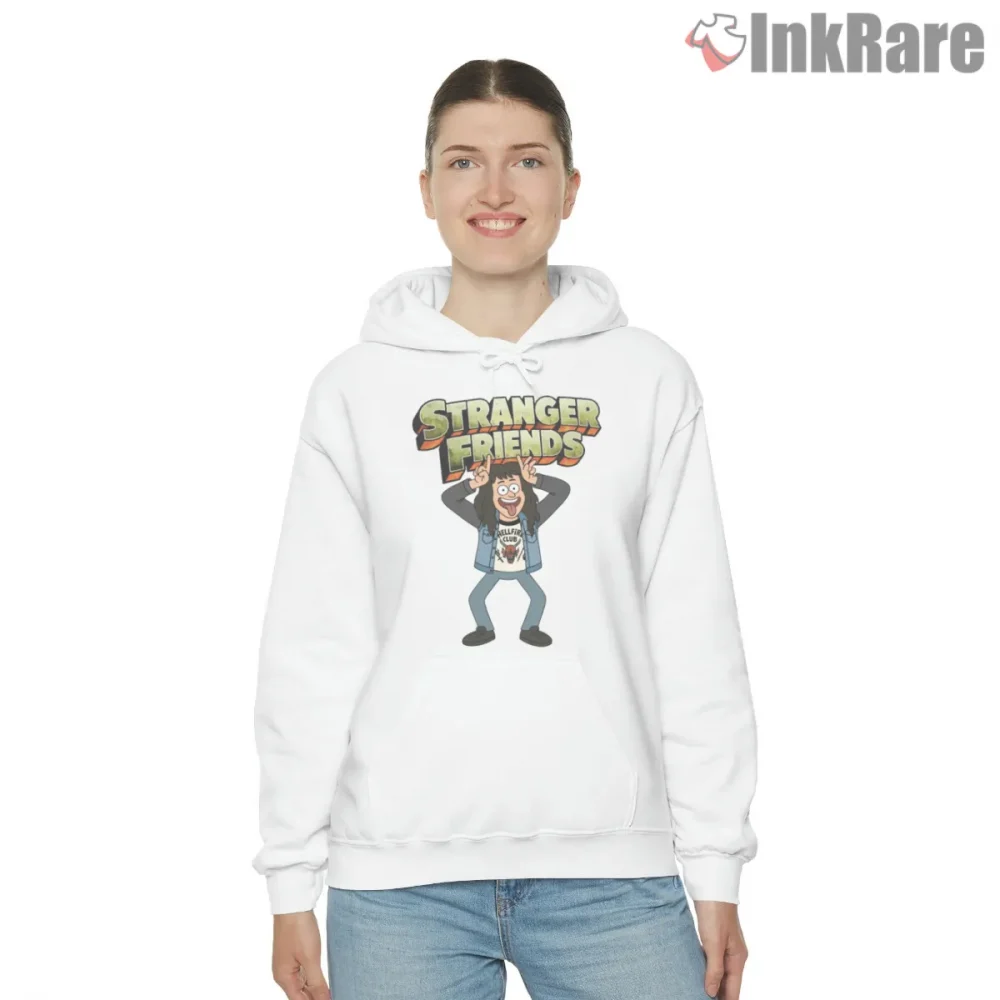 Stranger Friends Eddie Munson Cartoon Tribute Shirt on white hoodie for women graphic tee