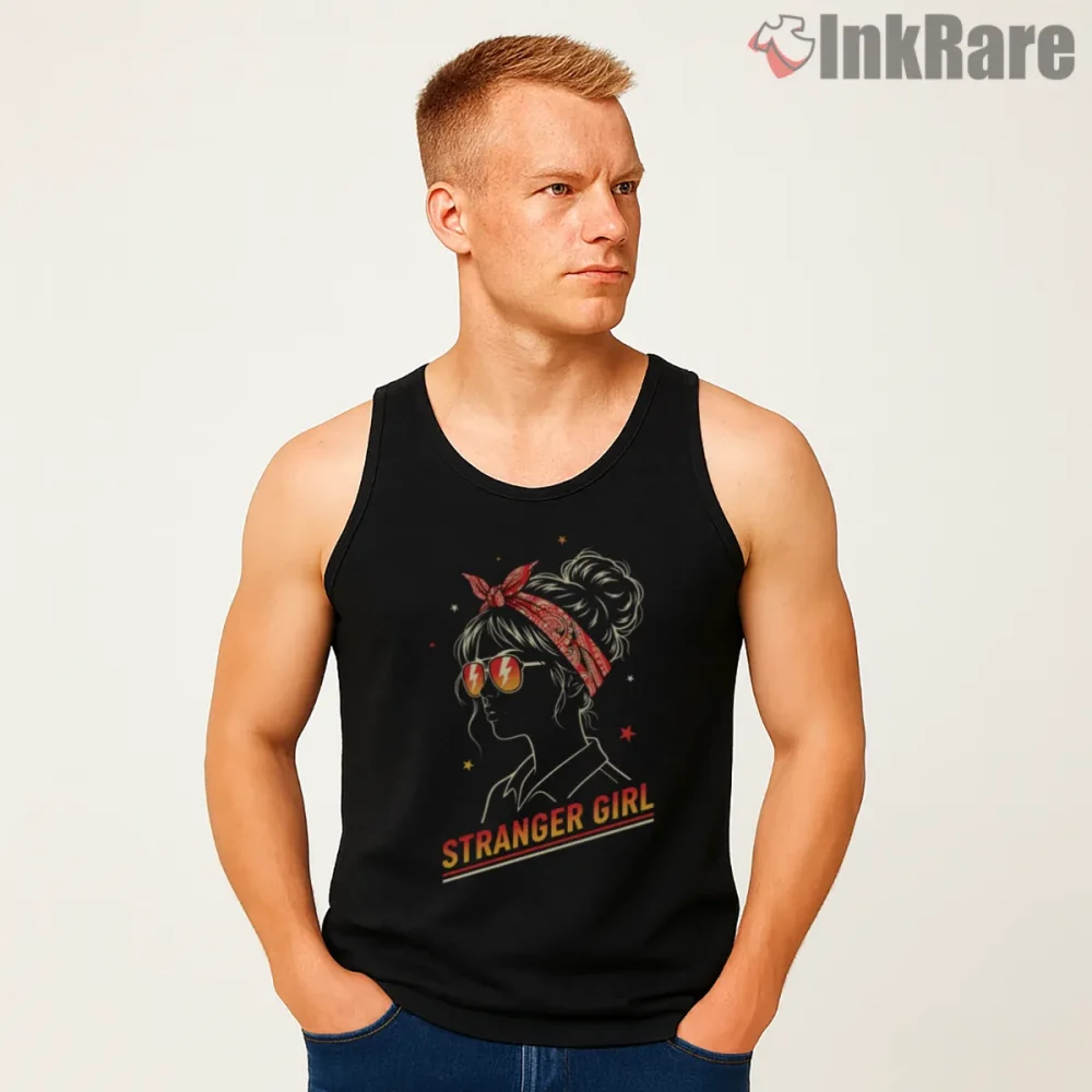 Stranger Girl Retro Neon Fan Portrait Shirt on black tank top for men graphic tee