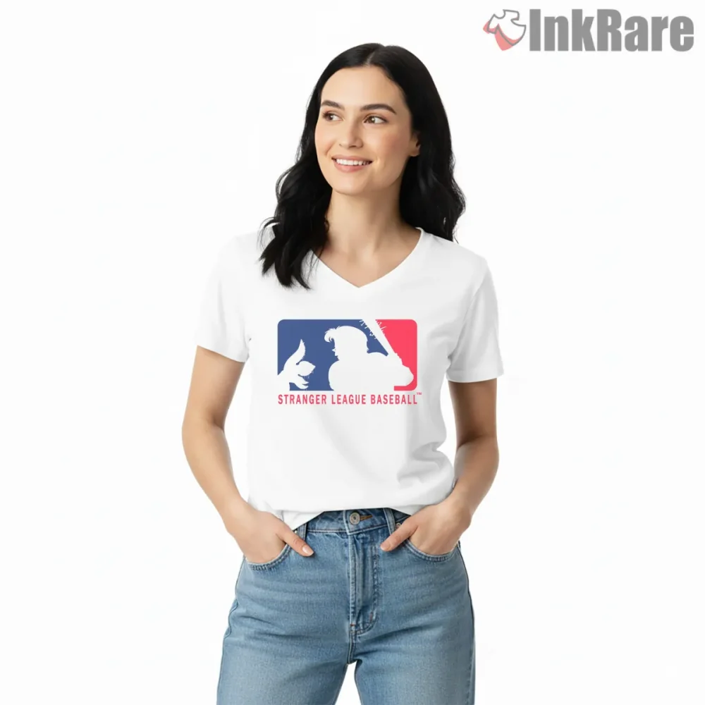 Stranger League Baseball Hawkins Parody Shirt on white v-neck shirt for women graphic tee