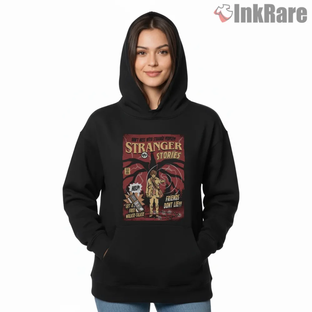 Stranger Stories Retro Comic Adventure Shirt on black hoodie for women graphic tee