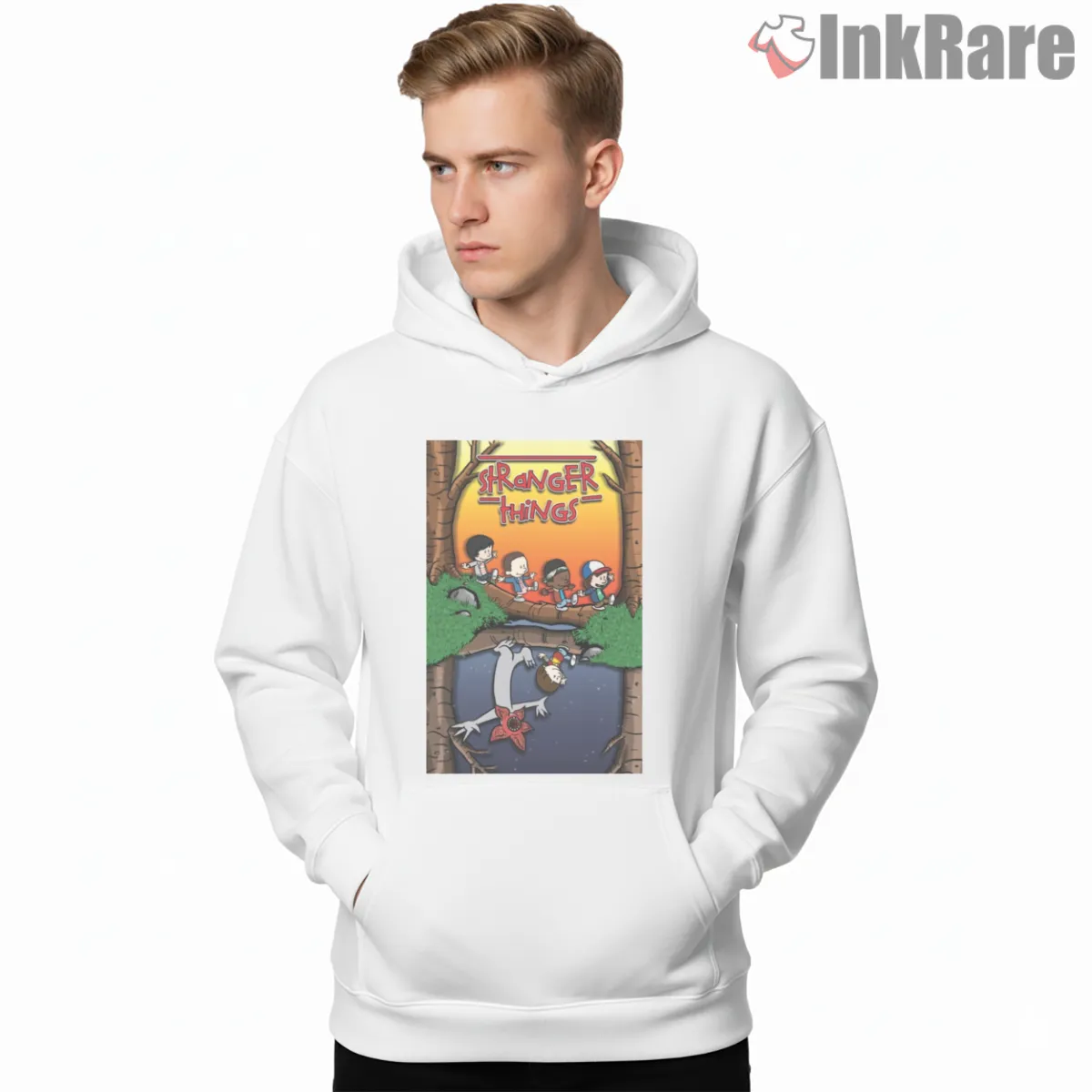 Stranger Things Calvin And Hobbes Upside Down Crossover Hoodie White Stranger Things Calvin And Hobbes Upside Down Crossover Shirt on white hoodie for men graphic tee