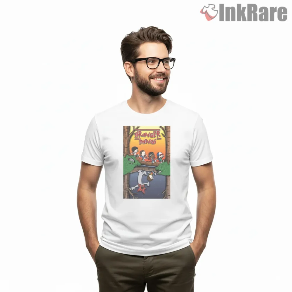Stranger Things Calvin And Hobbes Upside Down Crossover Shirt on white short sleeve shirt for men graphic tee