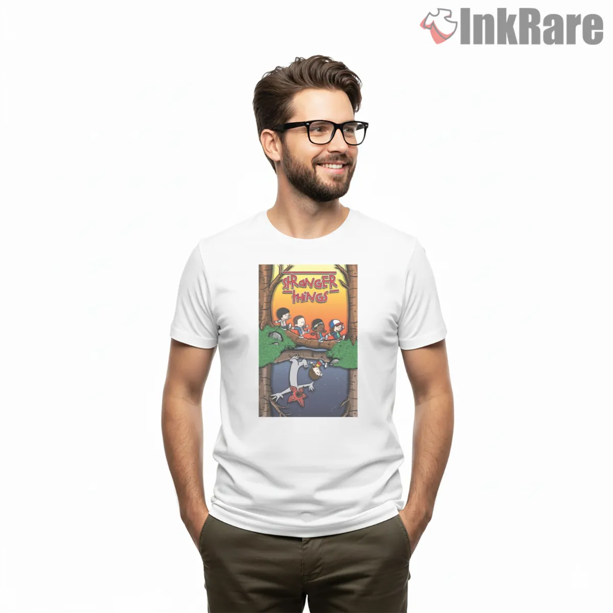 Stranger Things Calvin And Hobbes Upside Down Crossover Short Sleeve White Stranger Things Calvin And Hobbes Upside Down Crossover Shirt on white short sleeve shirt for men graphic tee