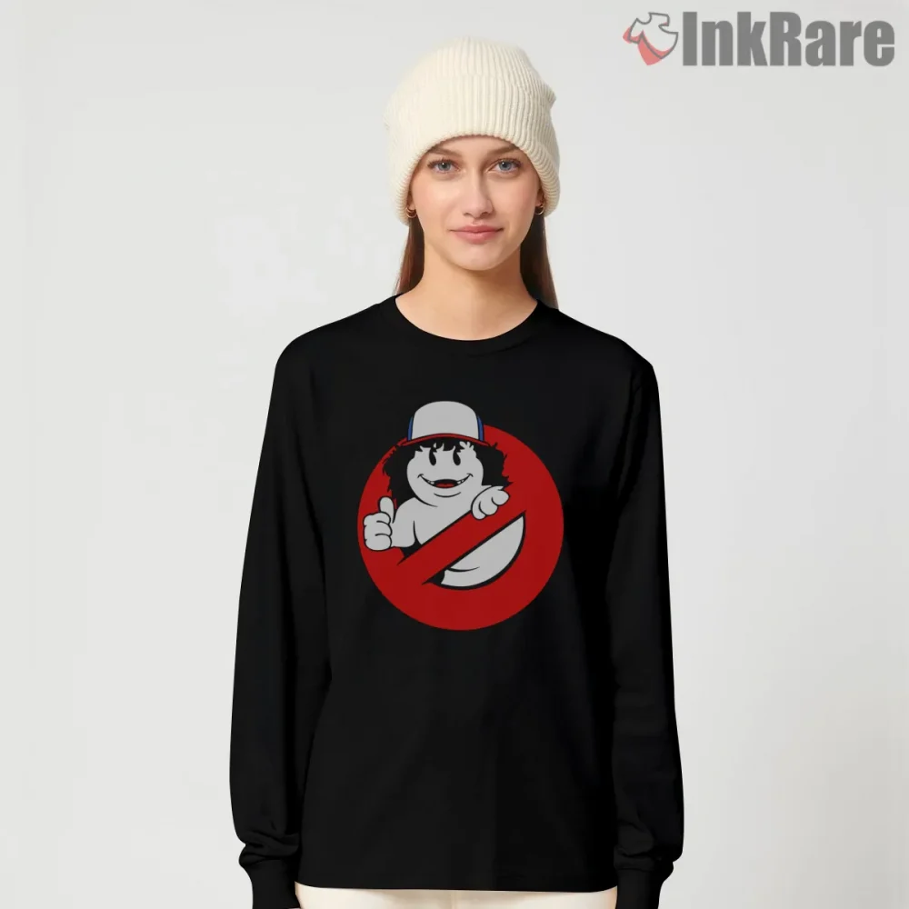 Stranger Things Dustin Ghostbusters Parody Crossover Shirt on black long sleeve shirt for women graphic tee