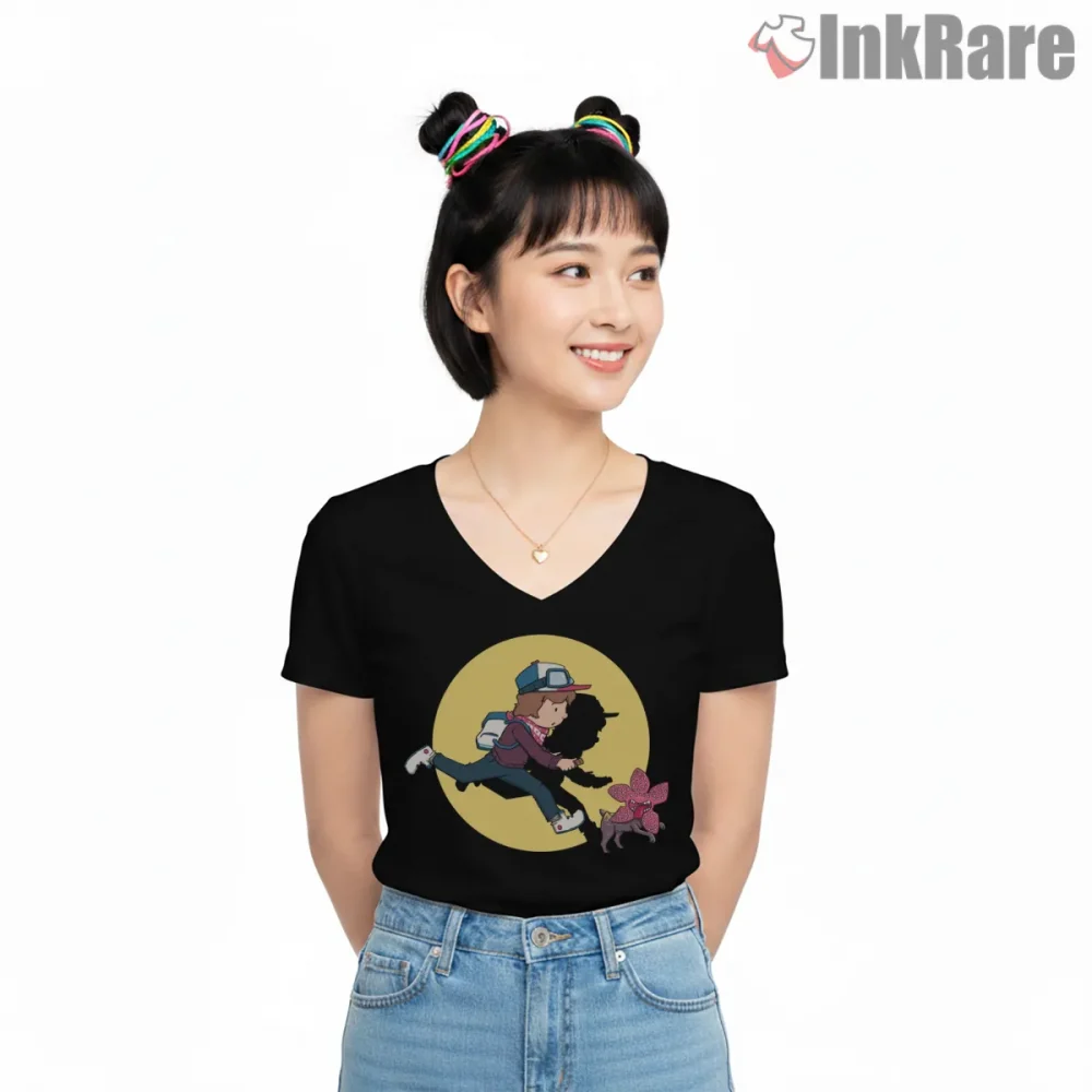 Stranger Things Dustin Tintin Adventure Crossover Shirt on black v-neck shirt for women graphic tee