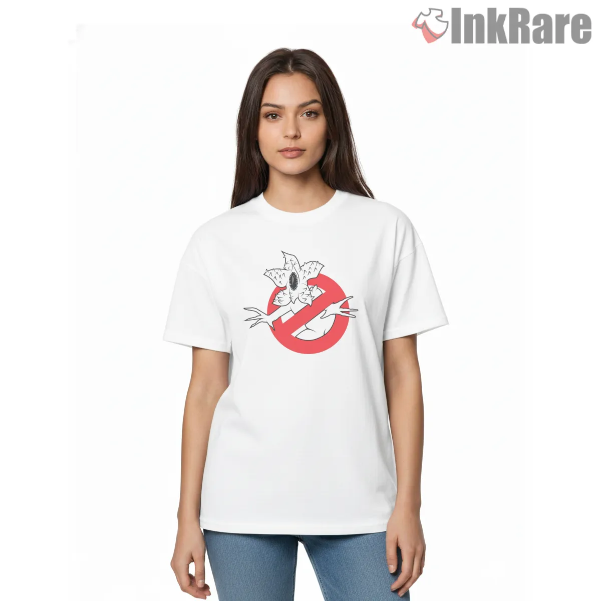 Stranger Things Ghostbusters Demogorgonbusters Crossover Short Sleeve White Stranger Things Ghostbusters Demogorgonbusters Crossover Shirt on white short sleeve shirt for women graphic tee