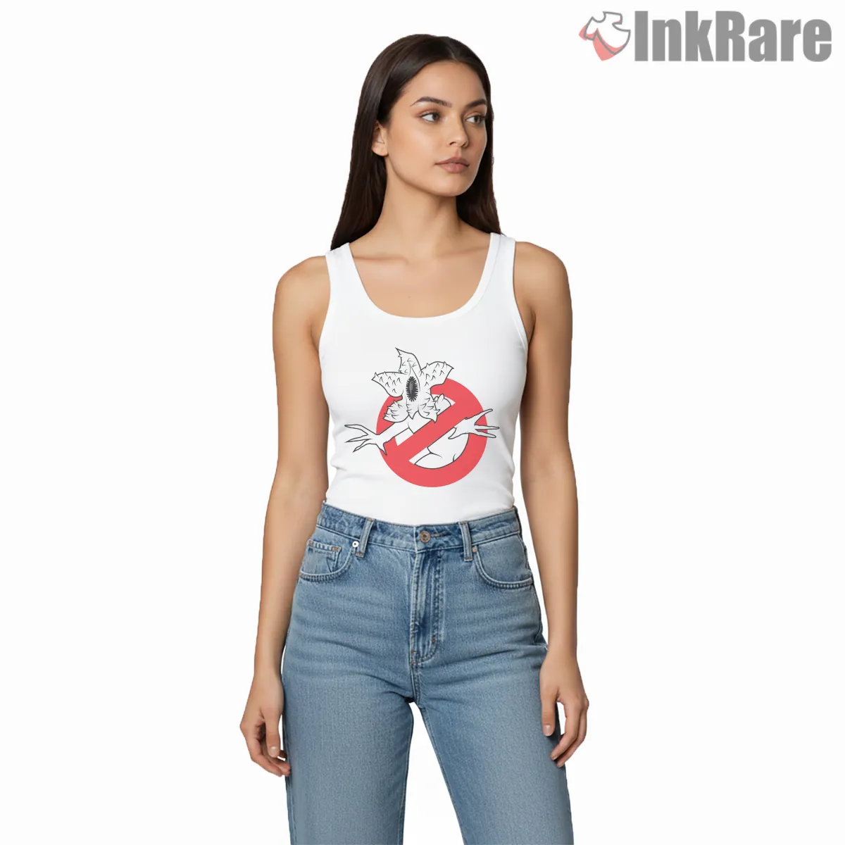 Stranger Things Ghostbusters Demogorgonbusters Crossover Tank Top White Stranger Things Ghostbusters Demogorgonbusters Crossover Shirt on white tank top for women graphic tee