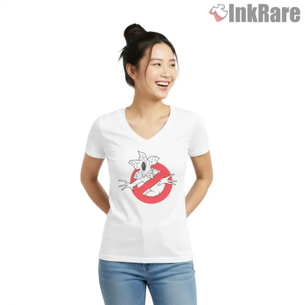 Stranger Things Ghostbusters Demogorgonbusters Crossover Shirt on white v-neck shirt for women graphic tee
