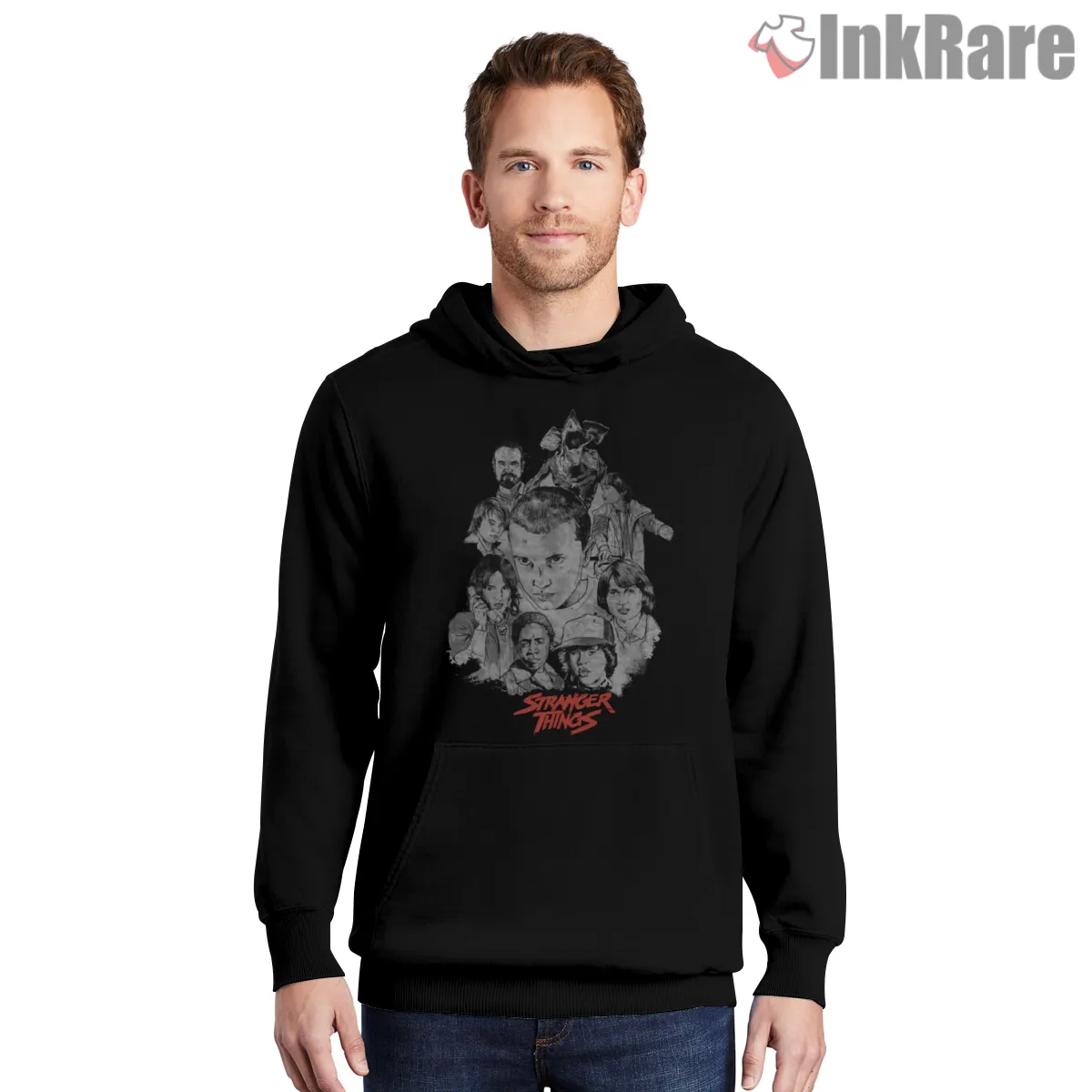 Stranger Things Hawkins Mystery Collage Portrait Hoodie Black Stranger Things Hawkins Mystery Collage Portrait Shirt on black hoodie for men graphic tee