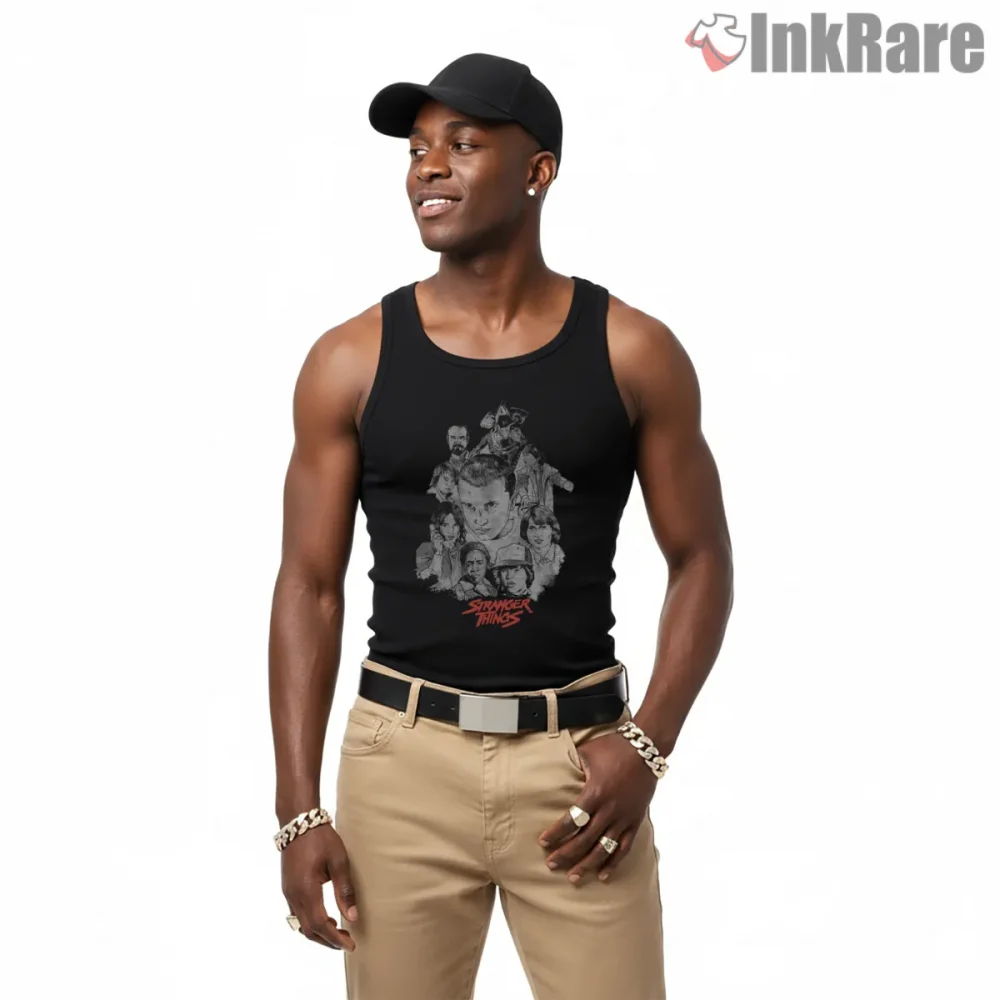 Stranger Things Hawkins Mystery Collage Portrait Shirt on black tank top for men graphic tee