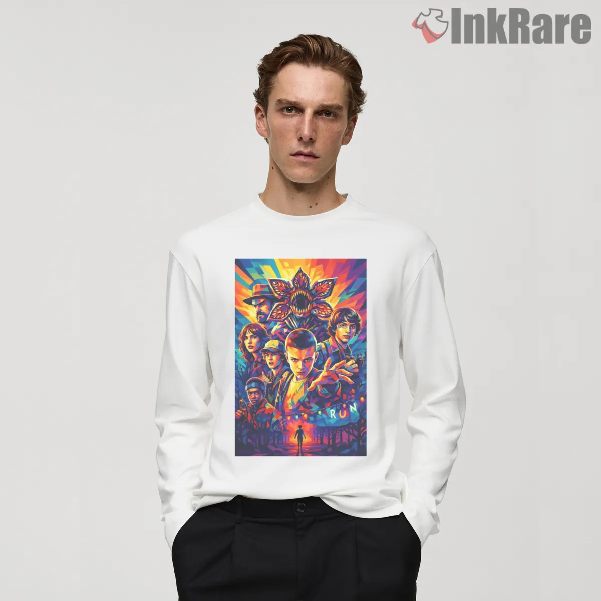 Stranger Things Neon Pop Art Character Collage Long Sleeve White Stranger Things Neon Pop Art Character Collage Shirt on white long sleeve shirt for men graphic tee
