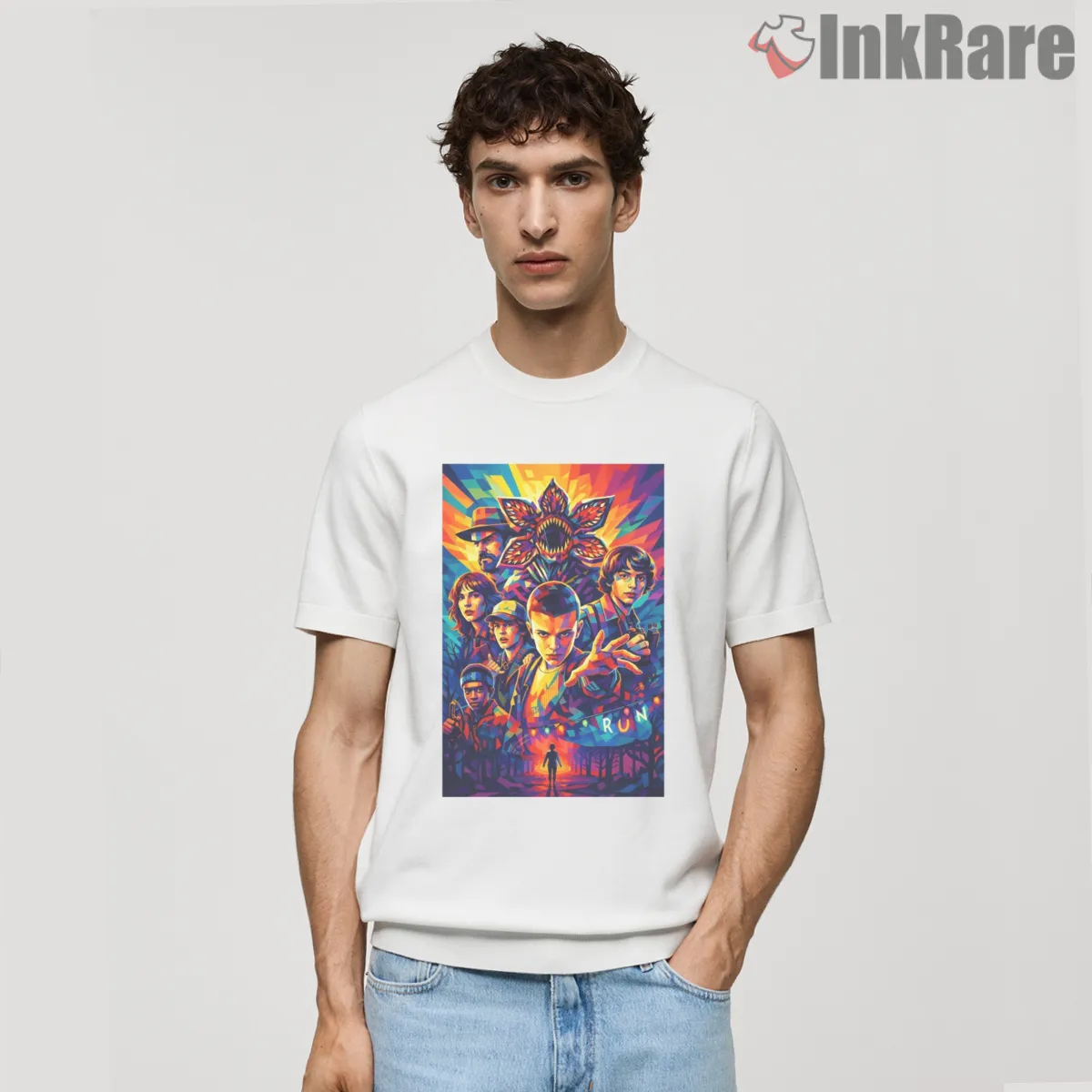 Stranger Things Neon Pop Art Character Collage Shirt on white short sleeve shirt for men graphic tee