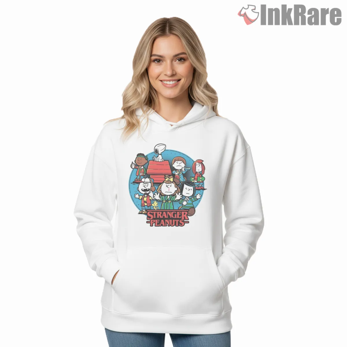 Stranger Things Peanuts Hawkins Gang Cartoon Crossover Shirt on white hoodie for women graphic tee