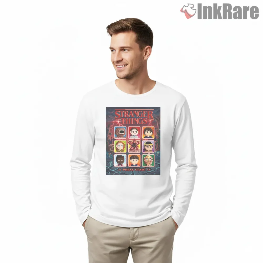 Stranger Things Pixel Character Select Retro Game Shirt on white long sleeve shirt for men graphic tee