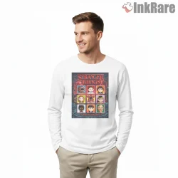 Stranger Things Pixel Character Select Retro Game Shirt on white long sleeve shirt for men graphic tee