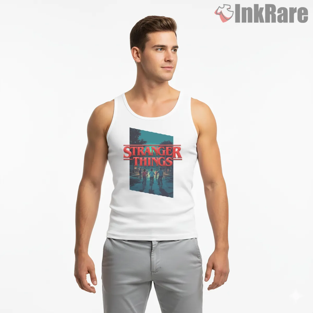 Stranger Things Retro Night Adventure Tank Top White Stranger Things Retro Night Adventure Shirt on white tank top for men graphic tee