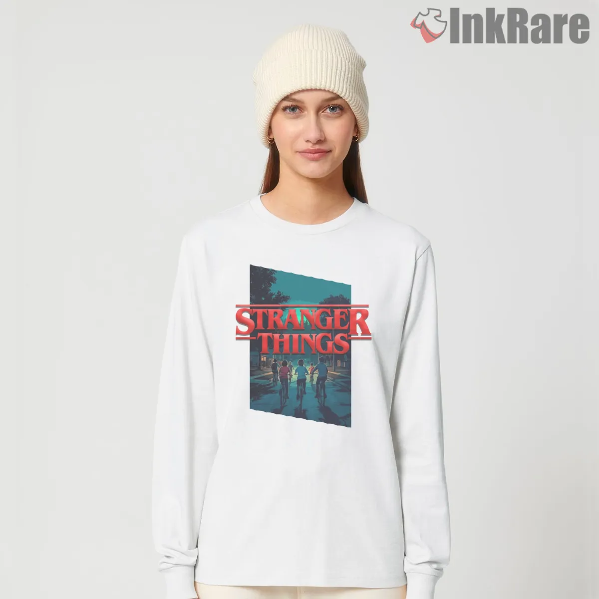 Stranger Things Retro Night Adventure Long Sleeve White Stranger Things Retro Night Adventure Shirt on white long sleeve shirt for women graphic tee