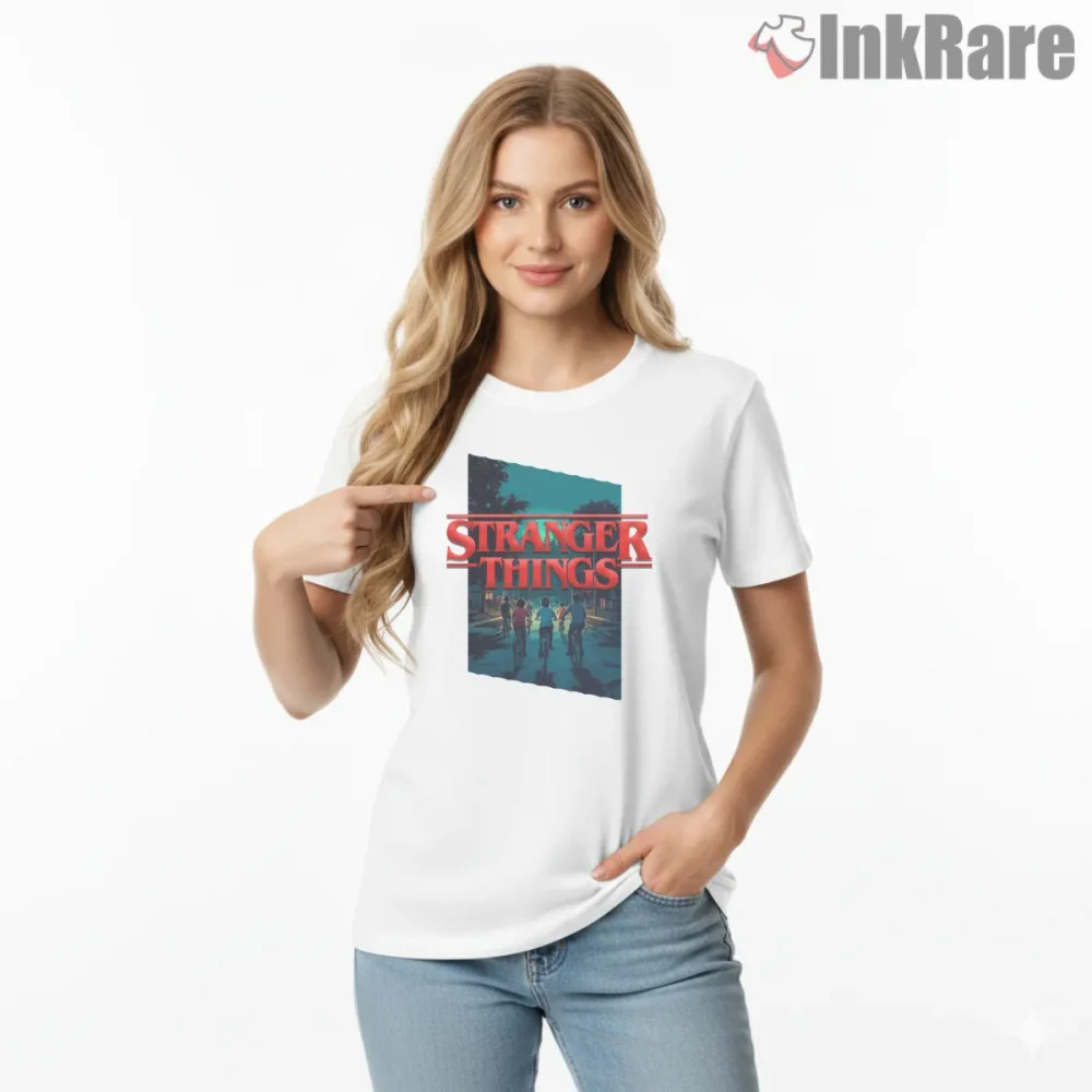 Stranger Things Retro Night Adventure Shirt on white short sleeve shirt for women graphic tee