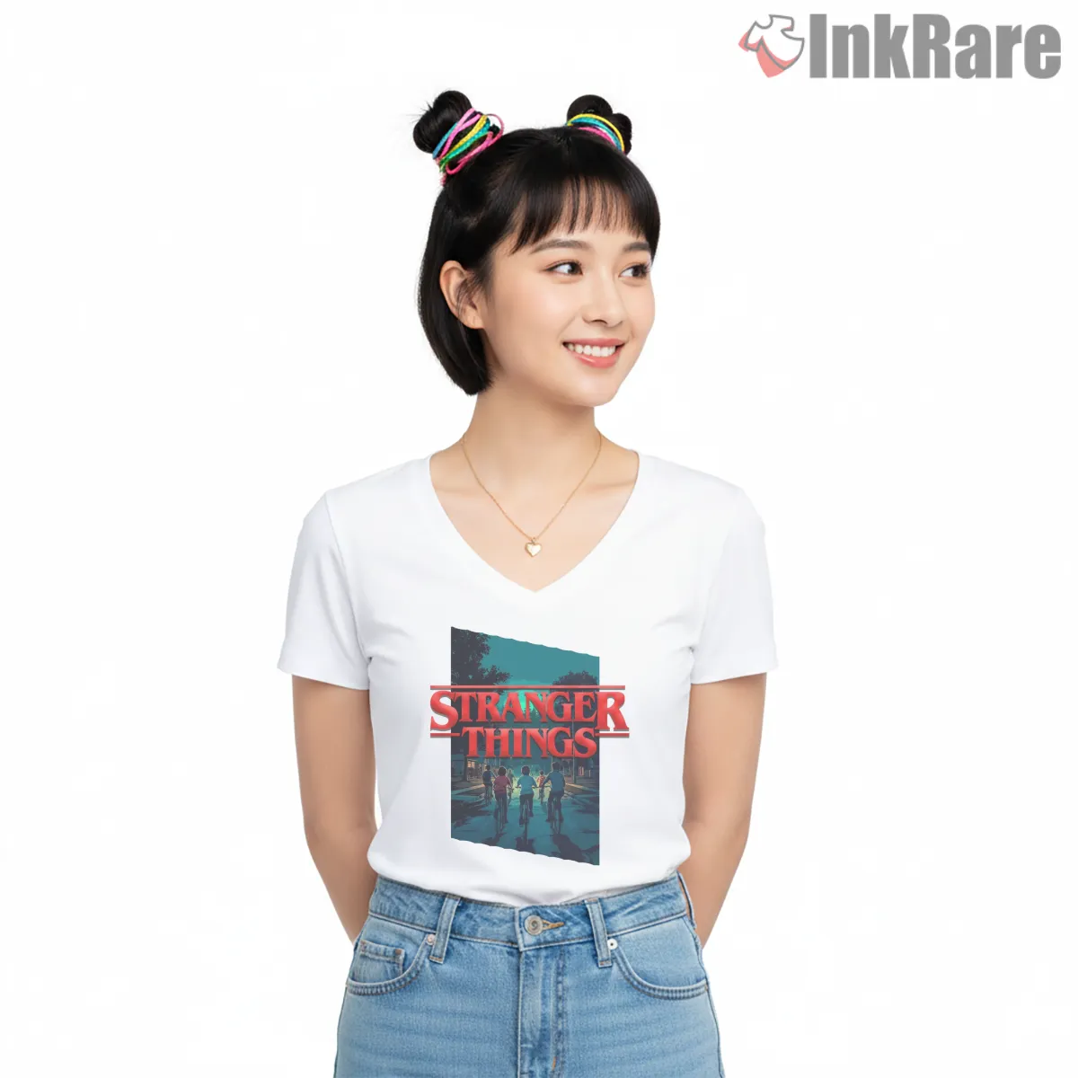 Stranger Things Retro Night Adventure Shirt on white v-neck shirt for women graphic tee