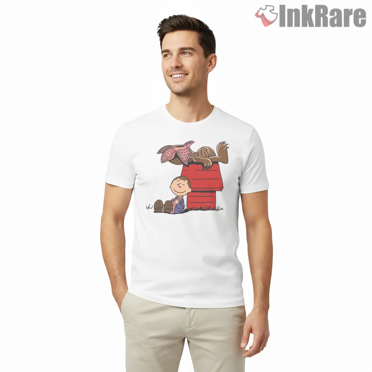 Stranger Things Snoopy Demodog Parody Crossover Shirt on white short sleeve shirt for men graphic tee