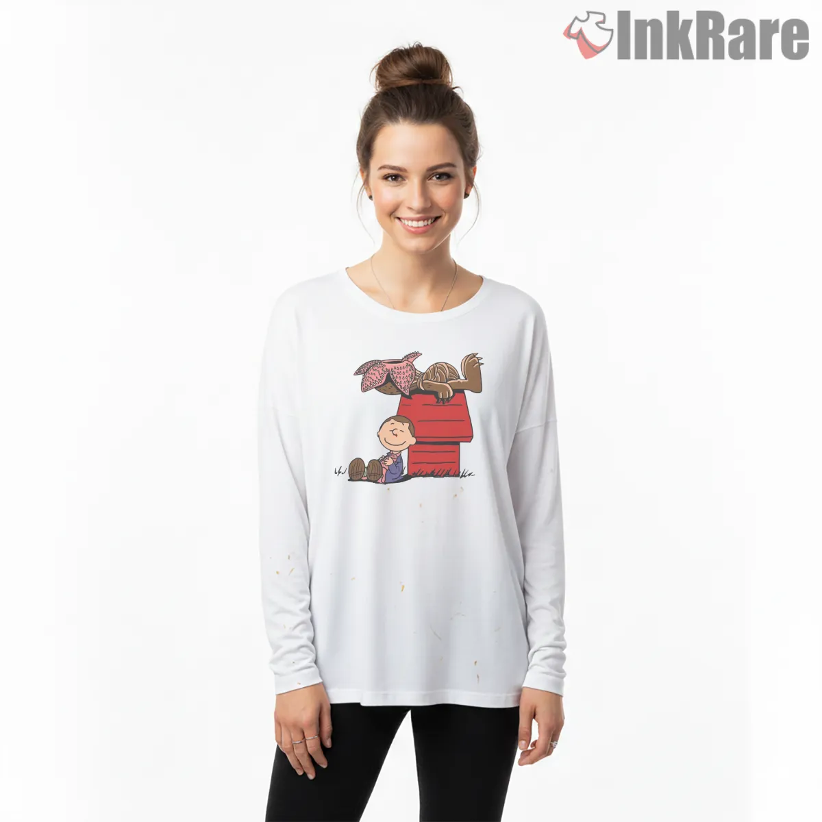Stranger Things Snoopy Demodog Parody Crossover Long Sleeve White Stranger Things Snoopy Demodog Parody Crossover Shirt on white long sleeve shirt for women graphic tee