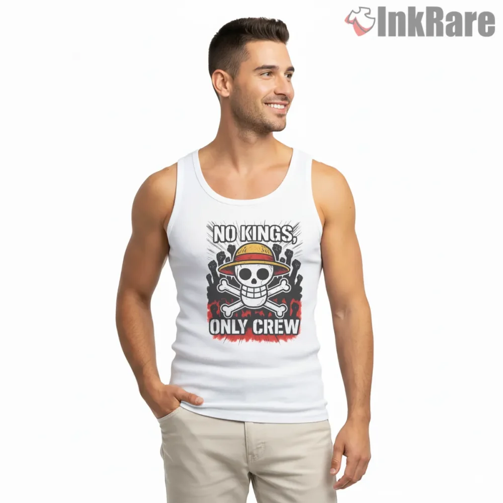 Straw Hat Jolly Roger No Kings Only Crew Anime Shirt on white tank top for men graphic tee