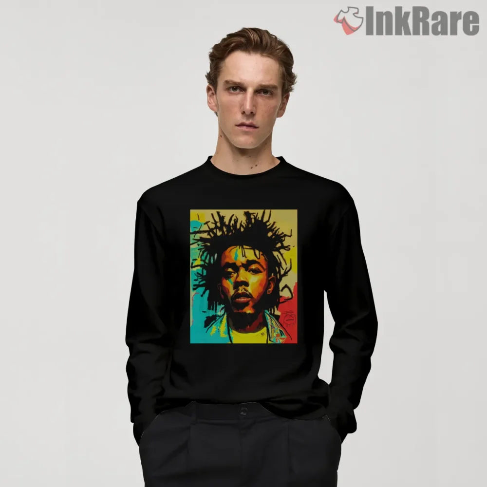 Street Art Basquiat Style Kendrick Lamar Crowned Portrait Shirt on black long sleeve shirt for men graphic tee