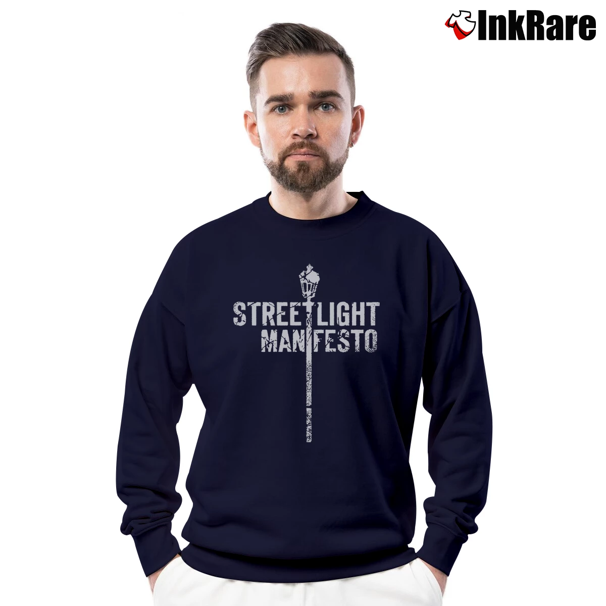 Men’s Streetlight Manifesto Distressed Streetlight Crewneck Sweatshirt in navy | Cozy Fabric, Clean Style