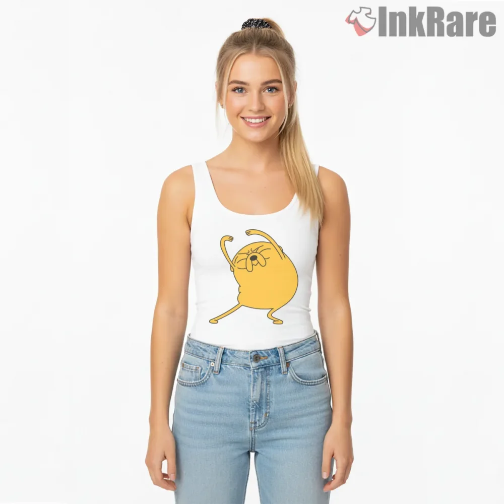 Stretching Jake Flexible Pose Cartoon Shirt on white tank top for women graphic tee