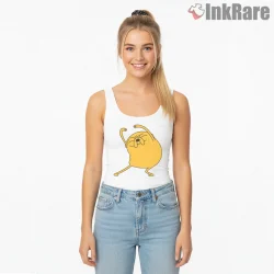 Stretching Jake Flexible Pose Cartoon Shirt on white tank top for women graphic tee