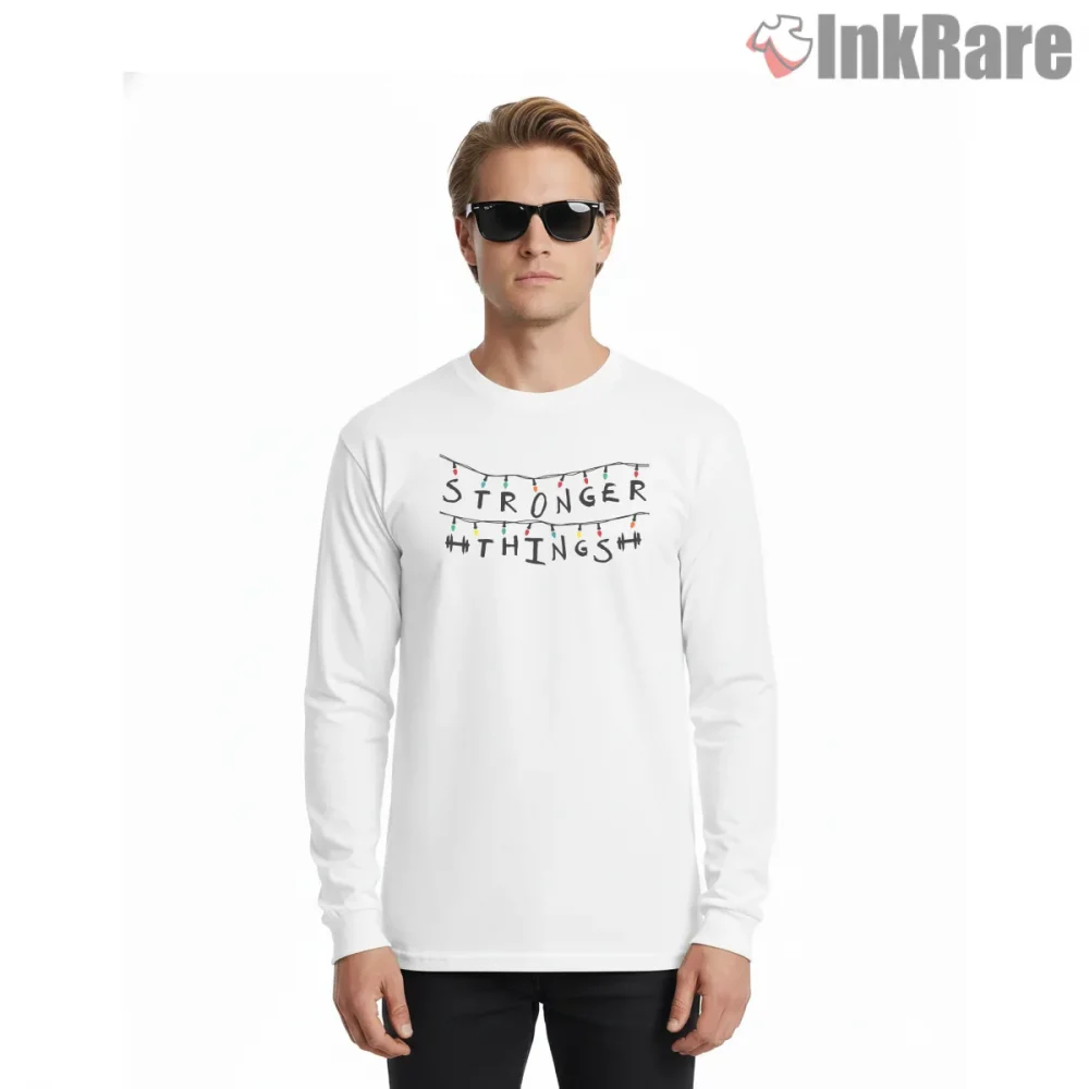 Stronger Things Alphabet Lights Tribute Shirt on white long sleeve shirt for men graphic tee