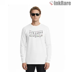 Stronger Things Alphabet Lights Tribute Shirt on white long sleeve shirt for men graphic tee