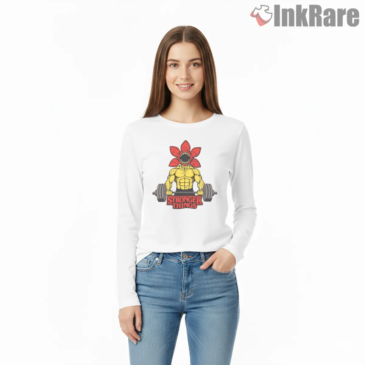 Stronger Things Demogorgon Weightlifting Parody Long Sleeve White Stronger Things Demogorgon Weightlifting Parody Shirt on white long sleeve shirt for women graphic tee