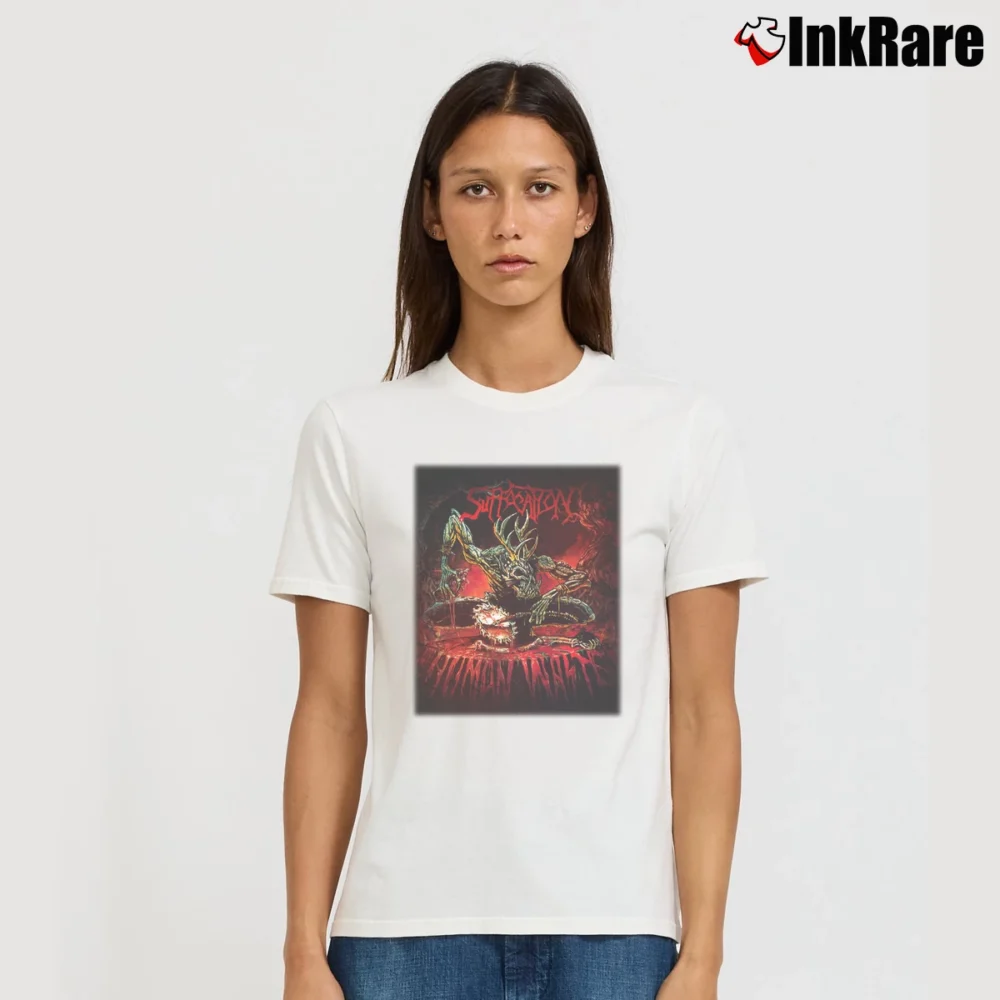 Women’s Suffocation Human Waste Metal Band Signature T-Shirt in white | Soft, Flattering Fit