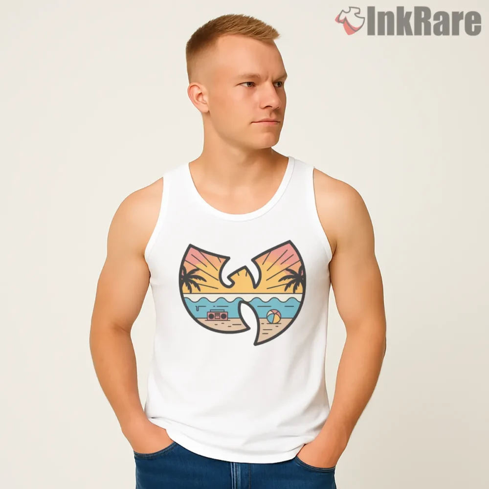 Summer Beach Sunset Wu Emblem Shirt on white tank top for men graphic tee