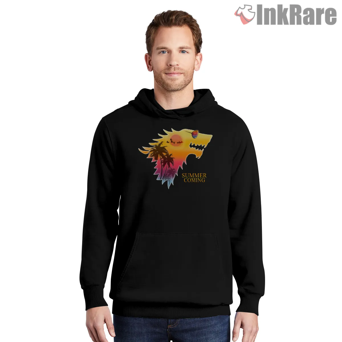 Summer Is Coming Tropical Direwolf Sunset Hoodie Black Summer Is Coming Tropical Direwolf Sunset Shirt on black hoodie for men graphic tee